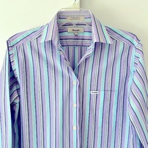 Faconnable blouse in beautiful turquoise/lilac/gray/navy blue stripes. Classy.